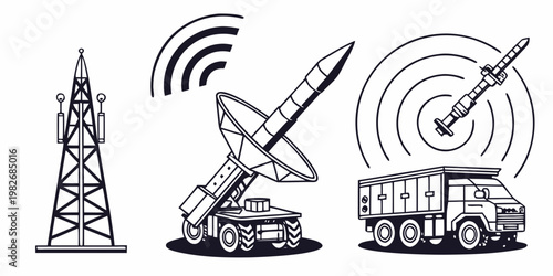 Military communications and surveillance equipment icons with radar signals communication military surveillance technology monitoring wireless broadcasting security logistics transport