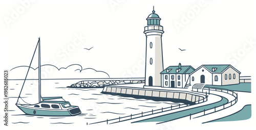 Serene coastal lighthouse and harbor illustration with lighthouse nautical landscape navigation vacation illustration traveling destination seascape