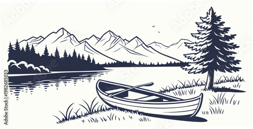 Graphic art of a canoe on the edge of a mountain lake with pine tree silhouette mountain landscape adventure wilderness illustration silhouette vacation recreation paddling mountains
