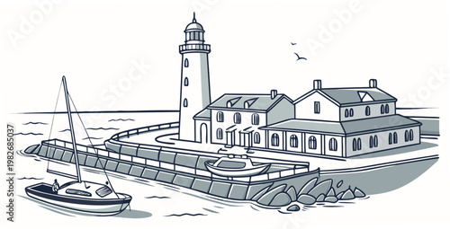 Black and white line art illustration of a coastal lighthouse harbor with small boats docked at the pier lighthouse nautical maritime seascape navigation shipping illustration monochrome