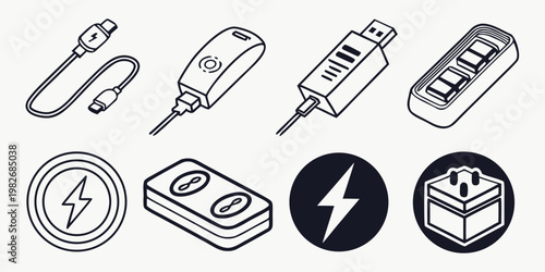 Collection of various charging equipment and power accessories icons with technology connection electric equipment charging accessory portable wireless illustration isolated collection