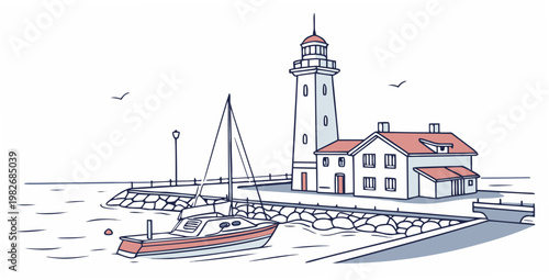 Lighthouse coastal harbor scene hand drawn style with lighthouse nautical landscape navigation vacation illustration traveling destination seascape