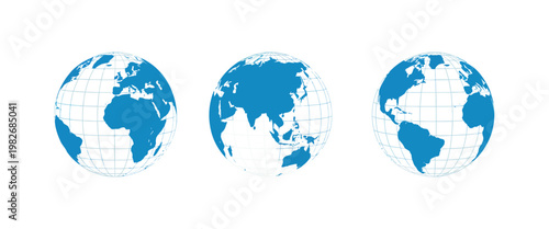 World globe earth vector icon showing global planet map America Asia travel concept illustration clean modern design