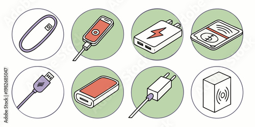 Set of electronic charging accessories and power cables flat line icons with electronic technology connection electric equipment charging accessory portable wireless illustration