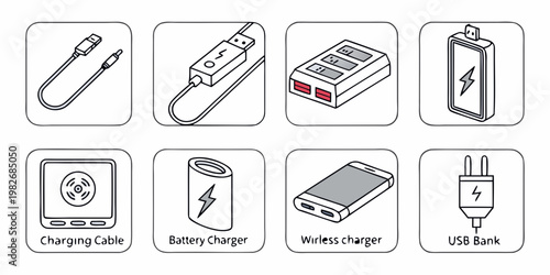 Diverse electronic charging tools and connection hardware set with technology connection electric equipment charging accessory portable wireless illustration isolated collection
