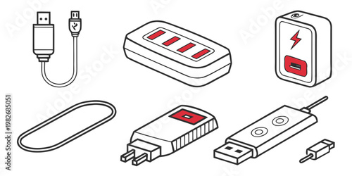 Selection of charging cables and portable power bank accessories icons with technology connection electric equipment charging accessory portable wireless illustration isolated hardware