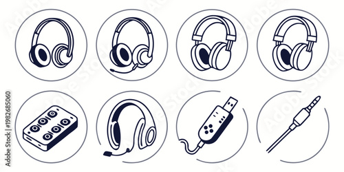 Set of various headphones and audio equipment icons for studio and gaming with audio jack line art headphones microphone equipment connector electronics recording listening communicatio