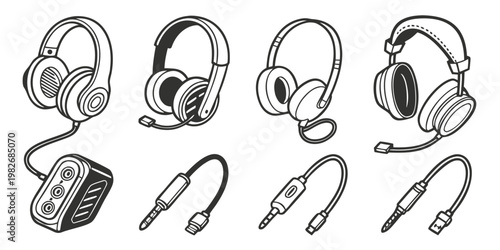Black and white graphic icon set of audio gear headphones and connectors with studio gear headphones microphone connector electronics equipment recording listening communication