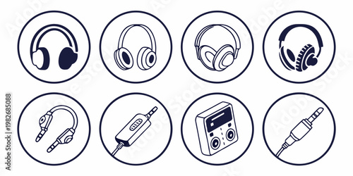 Set of minimalist audio equipment icons featuring headphones and connection jacks headphones connector electronics equipment listening recording personal accessory communication