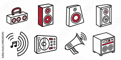 Audio and sound device icons including speakers music note megaphone with megaphone equipment broadcast amplifier loudspeaker communication technology electronic production illustration