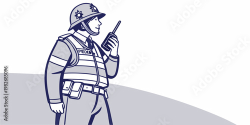 Illustration of a police officer in uniform talking on a portable two-way radio device with walkie talkie communication authority security policeman enforcement official profession