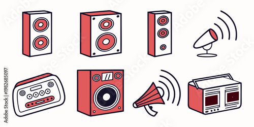 Audio equipment and sound system icon set featuring speakers megaphone music player megaphone equipment broadcast amplifier loudspeaker communication technology electronic production