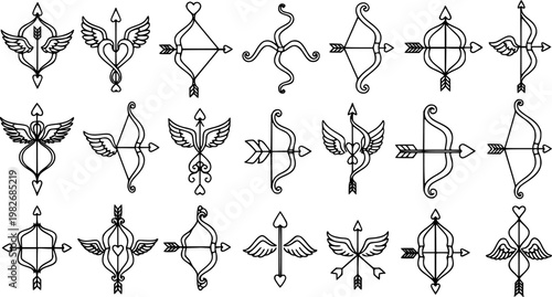 Set of Black and White Line Art Cupid Bow and Arrow Icons with Hearts and Wings for Love, Romance, and Valentine's Day Designs