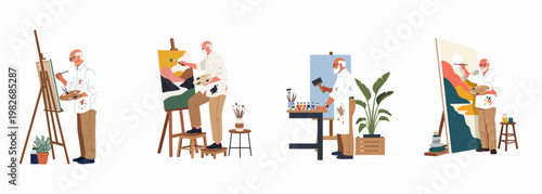 Set of illustrations showing an elderly male artist painting landscapes on canvases with various tools and equipment in an art studio setting.