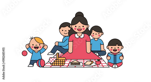 Family enjoying a happy picnic outdoors, a mother with her four children relaxing on a blanket with food and drinks, creating cherished memories together