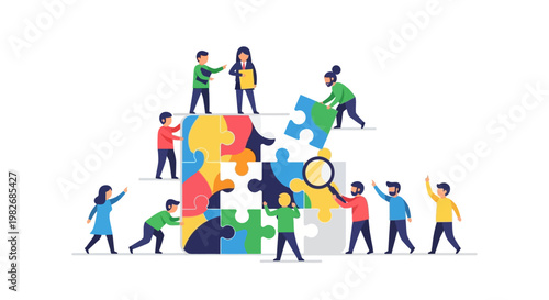 Teamwork and collaboration concept illustration with people assembling a colorful jigsaw puzzle, symbolizing problem solving and strategic planning in business