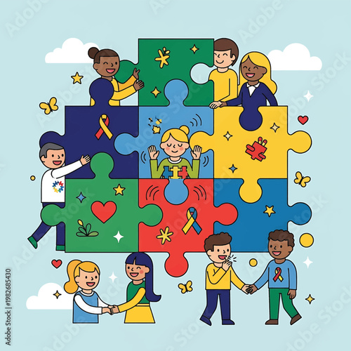 Diverse children holding puzzle pieces together.