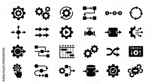 Industrial automation and workflow icons set, 24 black vector symbols for manufacturing process, engineering gears and data management graphics