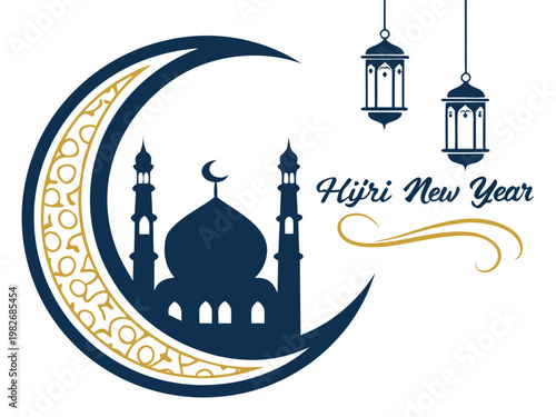 Islamic New Year Muharram design with crescent moon, mosque silhouette, lanterns, and Arabic calligraphy ‘Hijri New Year’, dark blue and gold color palette, clean vector illustration