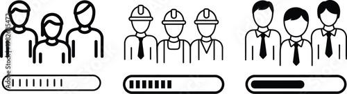 Teamwork and workflow vector illustration, professionals in hard hats and ties in an office setting with loading progress bars and process icons, representing productivity, collaboration, and project 