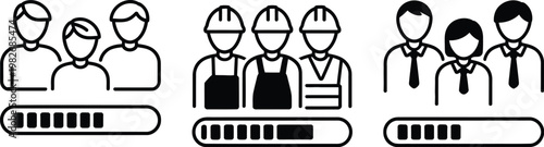 Teamwork and workflow vector illustration, professionals in hard hats and ties in an office setting with loading progress bars and process icons, representing productivity, collaboration, and project 
