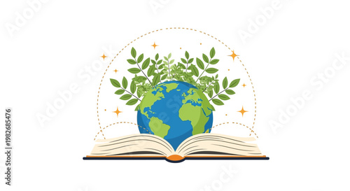 A globe with growing leaves behind an open book