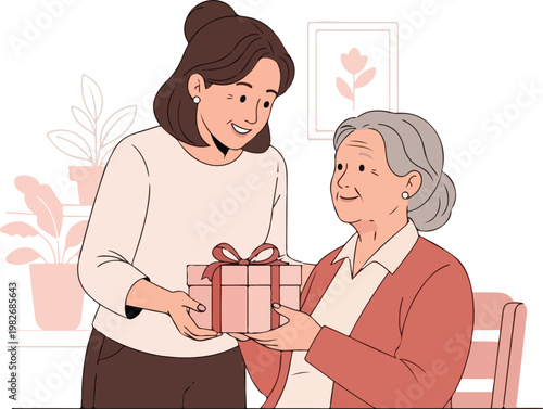 Woman giving gift to senior 1.