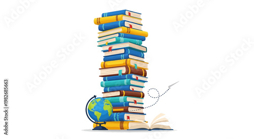 A tall stack of colorful books with a globe and plane