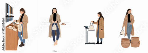 Flat Illustration Set of a Young Woman Shopping Sustainably at a Zero Waste Grocery Store with Reusable Bags and Bulk Food Bins