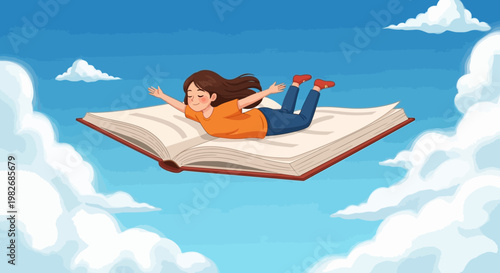 Dreamy illustration of a child traveling in the clouds