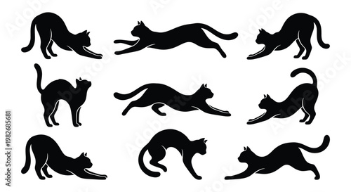 Black cat silhouette collection, set of 9 feline vector icons, stretching and jumping cat shapes, minimalist animal silhouettes for logo design