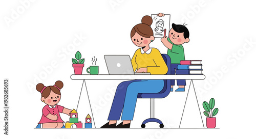 Busy Mother Balancing Work and Family Life, Juggling Responsibilities While Working Remotely from Home with Children