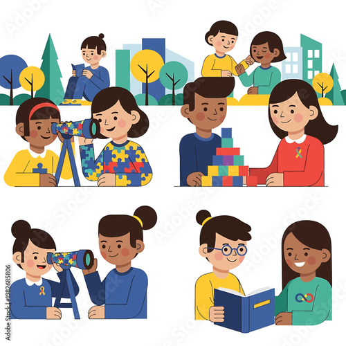 Diverse children learning and playing together.