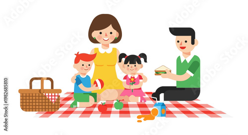 A joyful family picnic in the park with parents and two children enjoying food and activities on a checkered blanket under the open sky