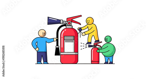 Illustration of three people working together to maintain and operate fire extinguishers, symbolizing teamwork and safety preparedness