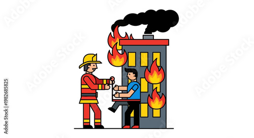 Firefighter rescuing a person from a burning building with flames and smoke billowing from the windows