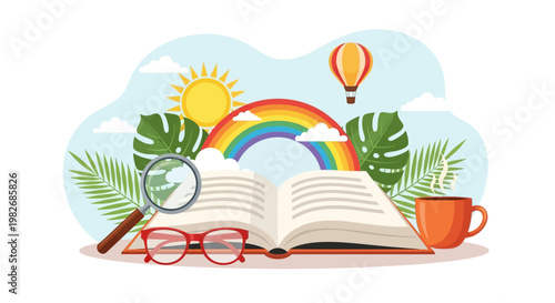 An open book with a rainbow and tropical leaves
