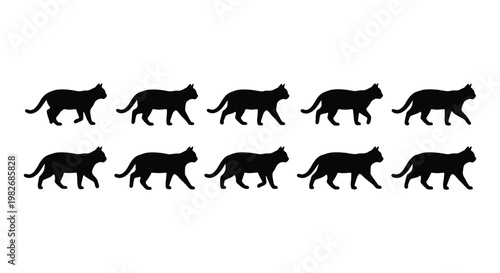 Black cat silhouette collection, set of 10 walking cat icons, minimalist feline animal vector shapes for logo design and pet branding