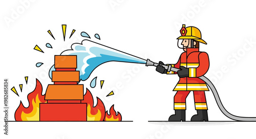 Firefighter bravely douses flames on stacked objects with water from a hose, highlighting emergency response and safety efforts in a dynamic illustration