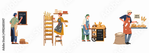 Vector illustration set featuring bakery employees and owners adjusting prices and managing inventory during a period of economic inflation.