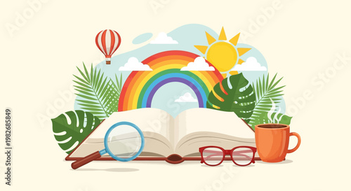 Optimistic literacy concept with a sun and magnifying glass