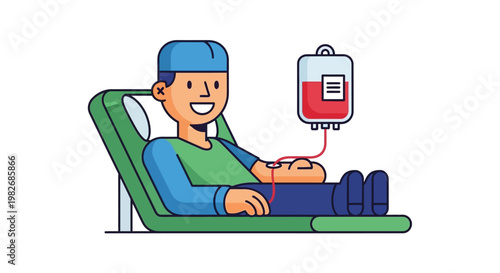 Man happily donating blood in a medical clinic, smiling while lying on a reclining chair with a blood bag attached