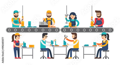 Factory production line with workers assembling products on a conveyor belt system, illustrating manufacturing and teamwork
