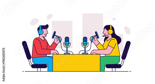 Two people wearing headphones are sitting at a desk with microphones, in a graphic illustration style, representing podcasting or broadcasting online