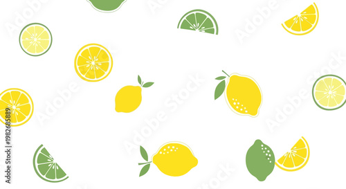 A refreshing collection of bright yellow lemons and green lime slices scattered across a clean white background, creating a vibrant and zesty visual pattern
