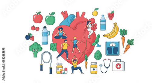 Healthy Heart Lifestyle: Fitness, Nutrition, and Wellness Icons Around a Human Heart