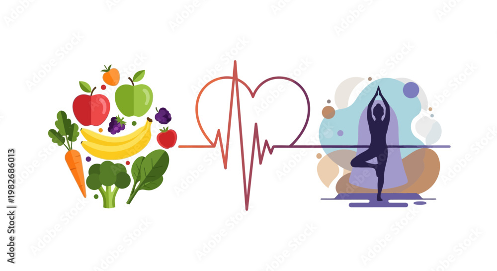 Fototapeta premium Healthy Lifestyle: Balanced Diet, Yoga, and Heartbeat Symbol