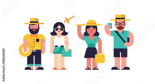 Diverse group of people in summer attire, ready for vacation and travel adventures, enjoying a sunny day outdoors