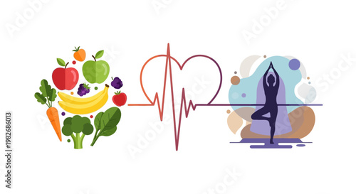 Healthy Lifestyle: Balanced Diet, Yoga, and Heartbeat Symbol