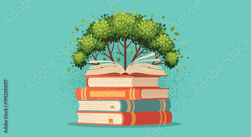 Abstract representation of life and intelligence growing from books 